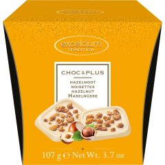 Excelcium Choc&Plus Fehér Csokoládé Mogyoró darabokkal 107g   Excelcium Choc&Plus Fehér Csokoládé Mogyoró darabokkal 107g