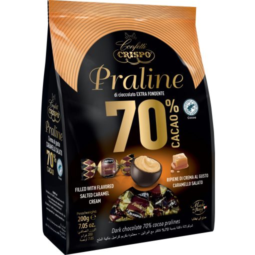 Crispo Praline - 70% Étcsokoládé Praliné Sós-Karamellás krémmel töltve 200g